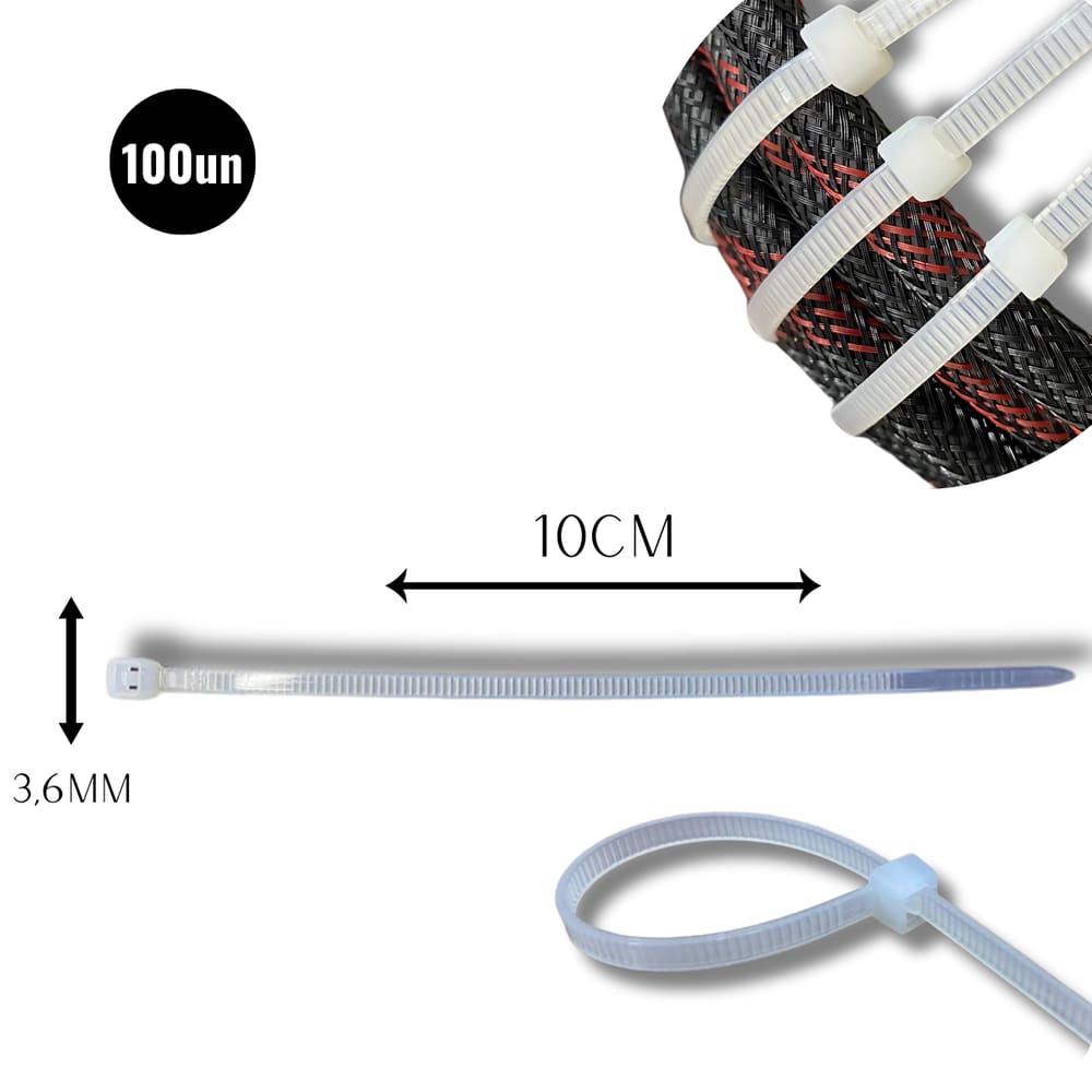 Abraçadeira Nylon Enforca 3,6 x 100mm Kit C/ 100 Cinta Plástica Fixadora Fita Hellerman 10cm Branca