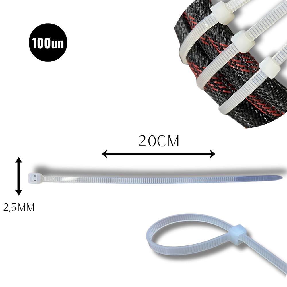Abraçadeira Nylon Enforca 2,5 x 200mm Kit C/ 100 Cinta Plástica Fixadora Fita Hellerman 20cm Branca