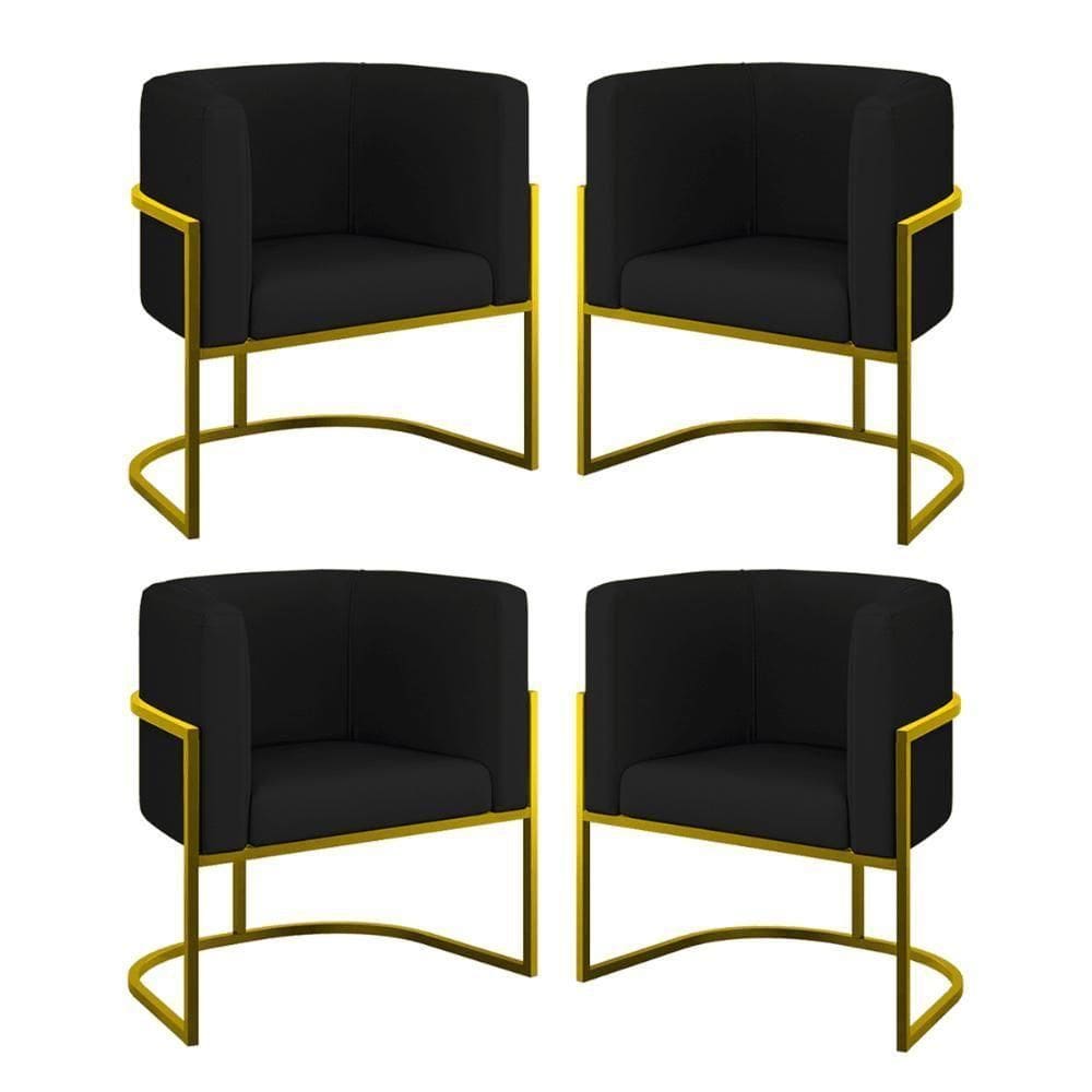 Kit 04 Poltronas Lua Sala Decorativa Base Ferro Gold Corino Preto