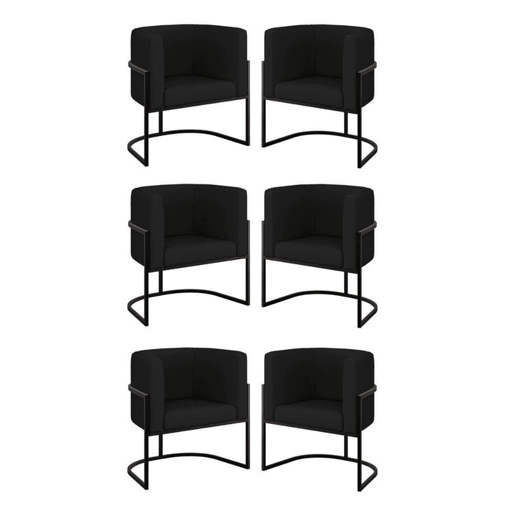 Kit 06 Poltronas Lua Sala Decorativa Base Ferro Black Corino Preto