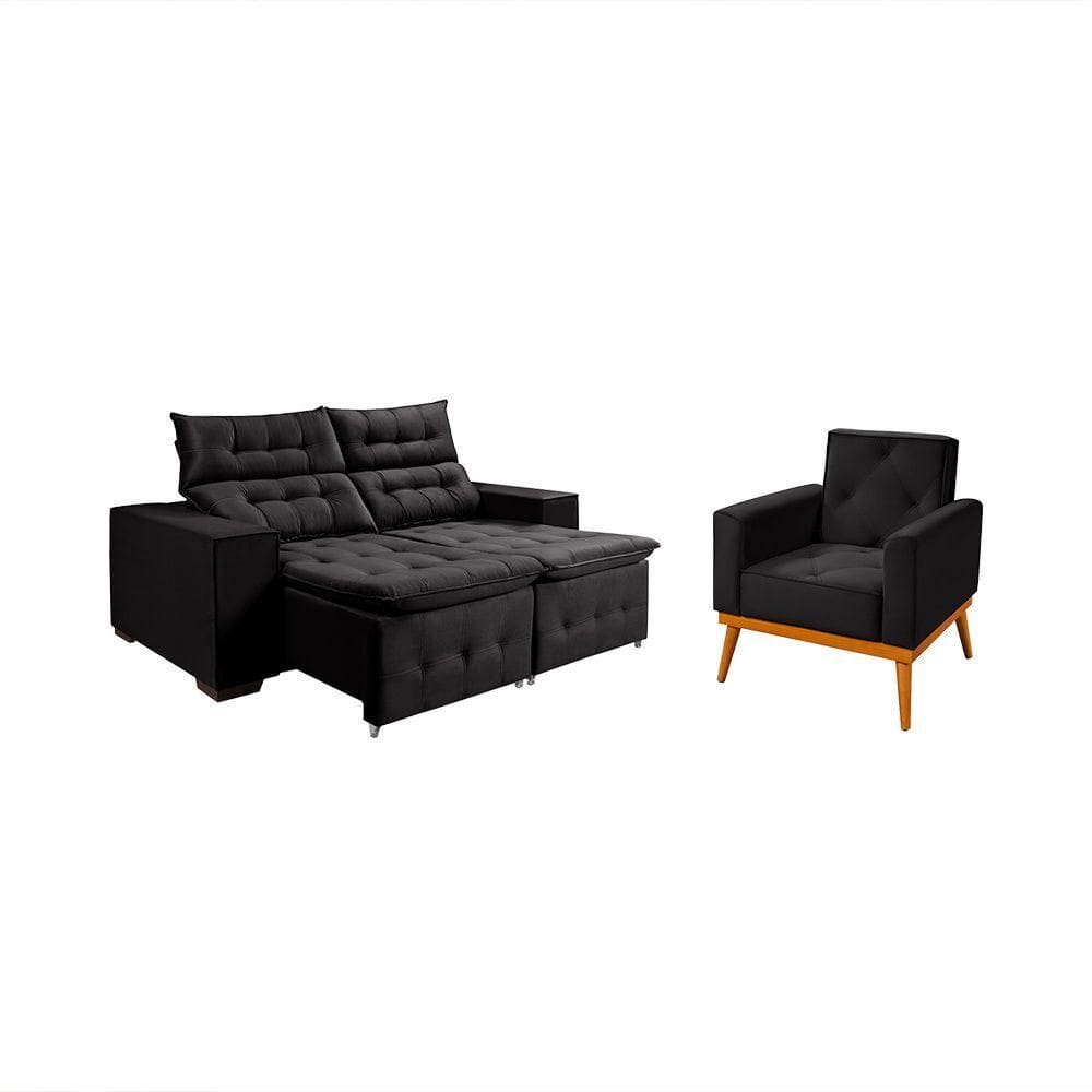 Kit Sofá Retratil Reclinável Bari 1,90 Pillow Mais Poltrona Florença Em Veludo Preto Preto