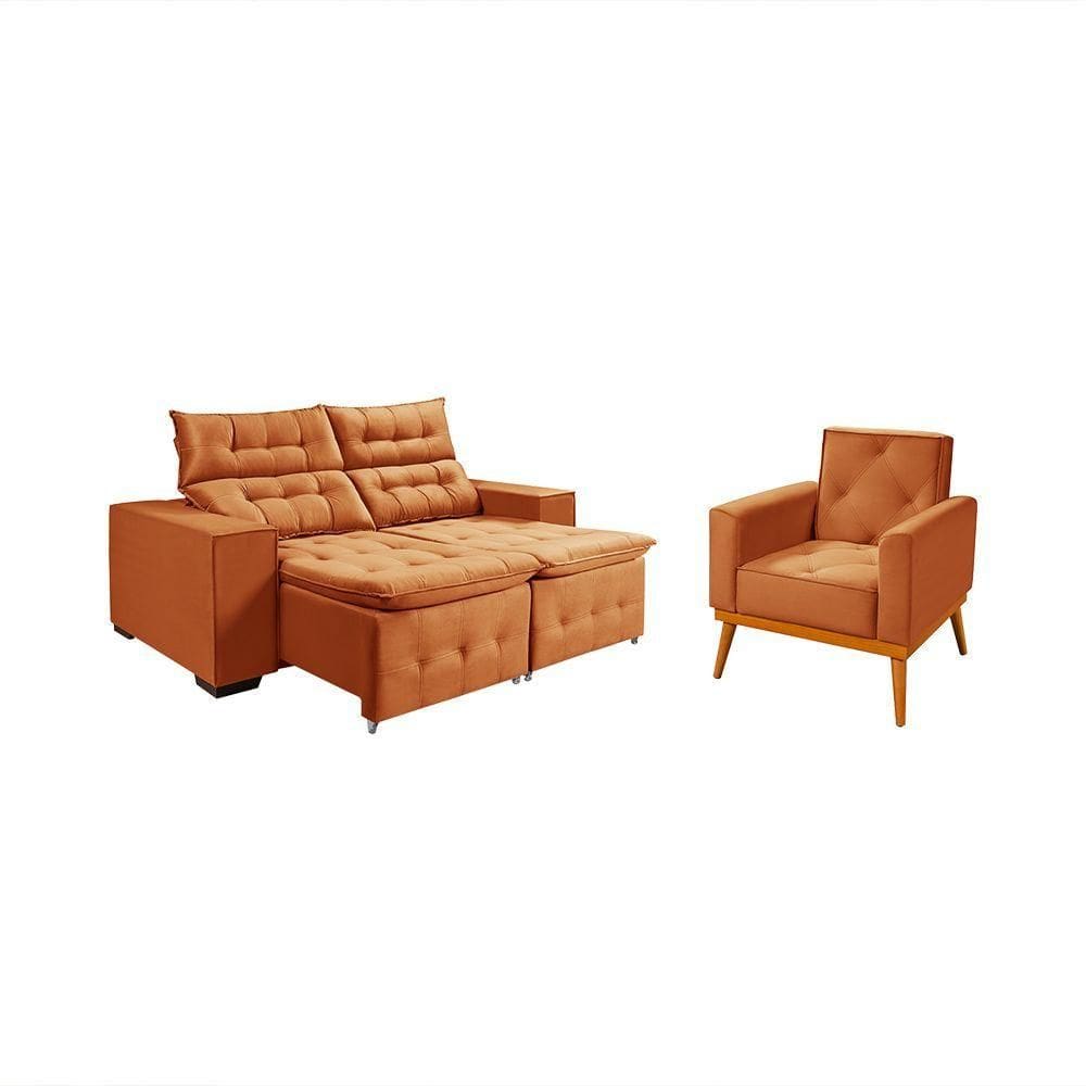 Kit Sofá Retratil Reclinável Bari 1,90 Pillow Mais Poltrona Florença Em Veludo Terracota Laranja