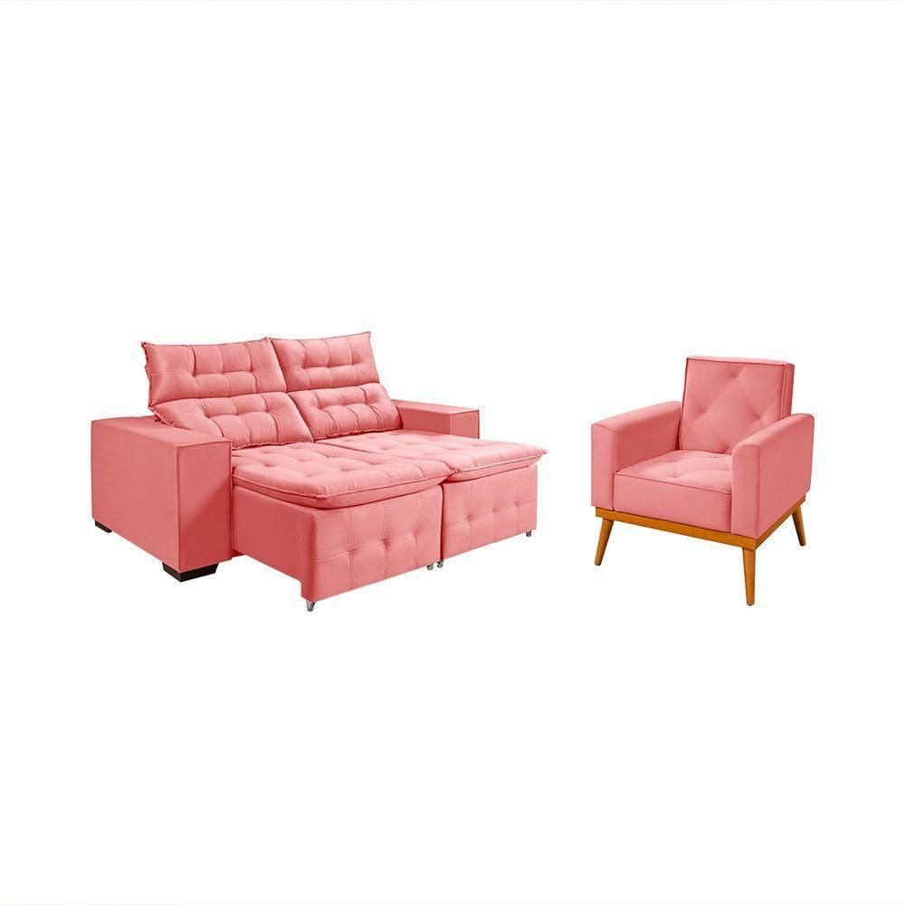 Kit Sofá Retratil Reclinável Bari 1,90 Pillow Mais Poltrona Florença Em Veludo Rosê Rosa