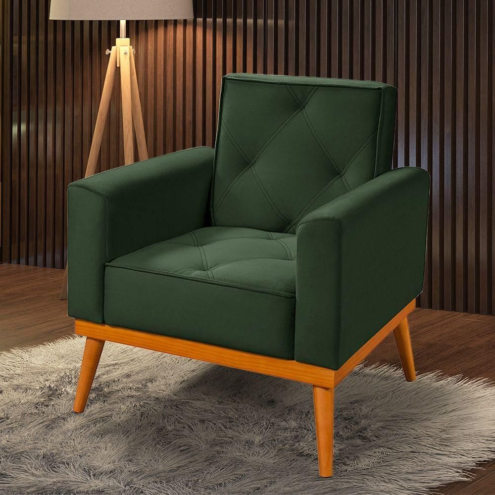 Poltrona Florença Base Em Madeira Maciça Veludo Verde