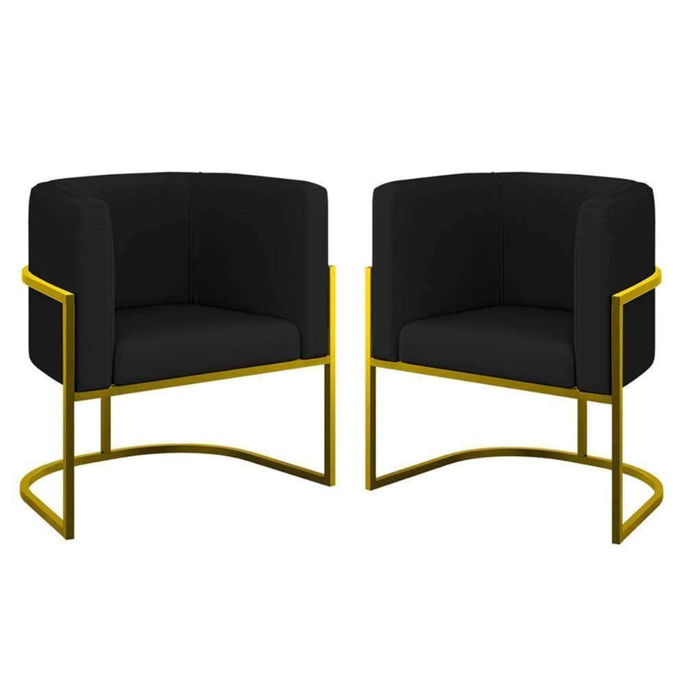 Kit 02 Poltronas Lua Sala Decorativa Base Ferro Gold Corino Preto