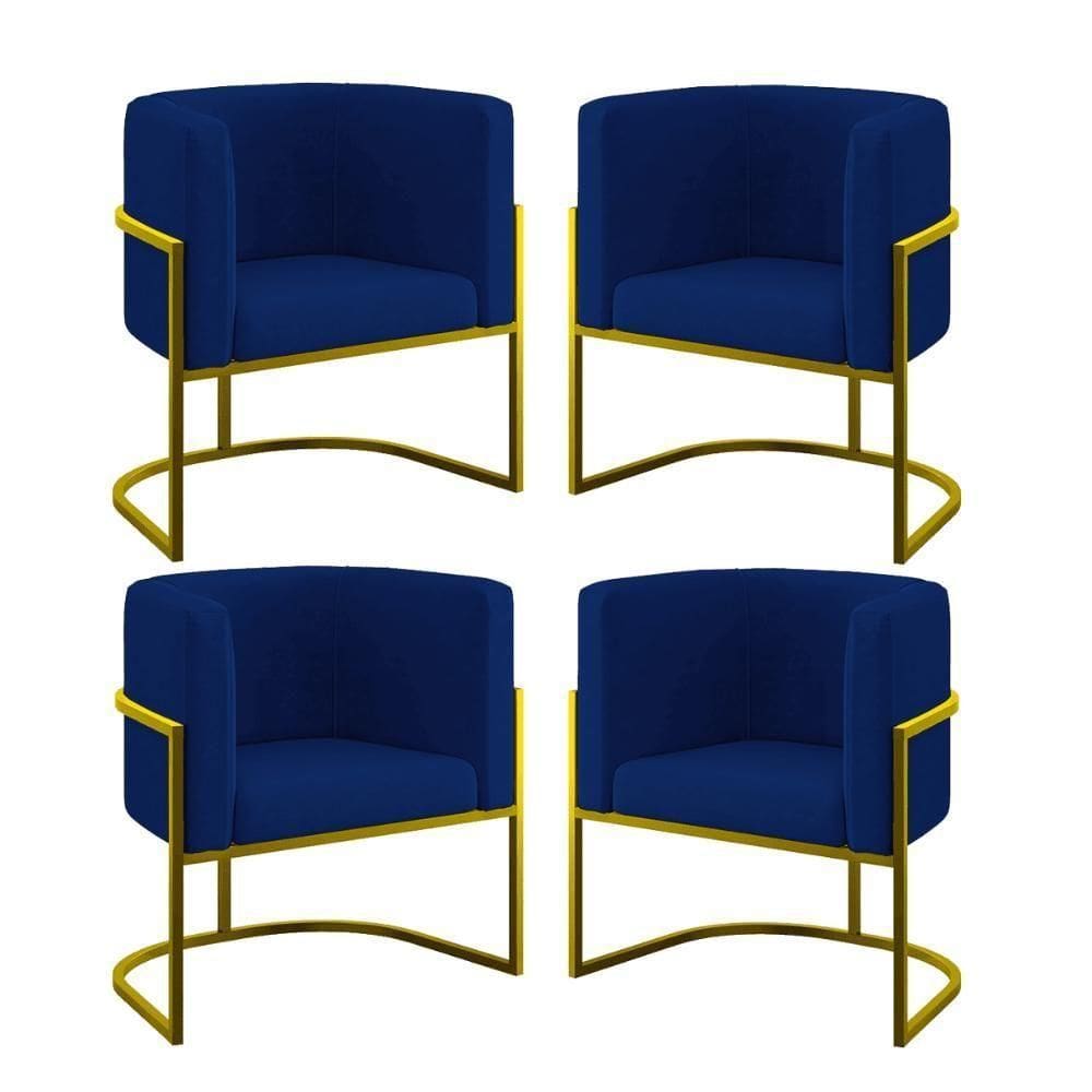 Kit 04 Poltronas Lua Sala Decorativa Base De Ferro Gold Azul Marinho