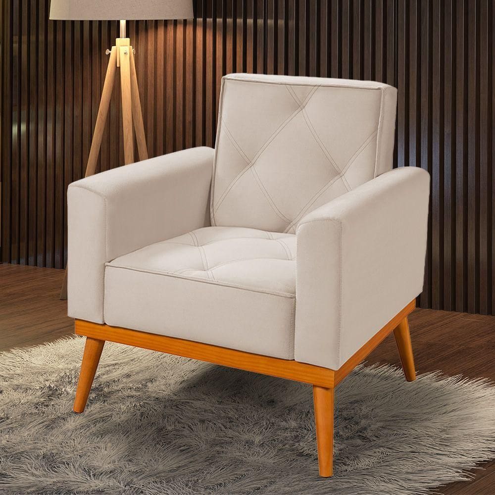 Poltrona Florença Base Em Madeira Maciça Veludo Marfim Bege