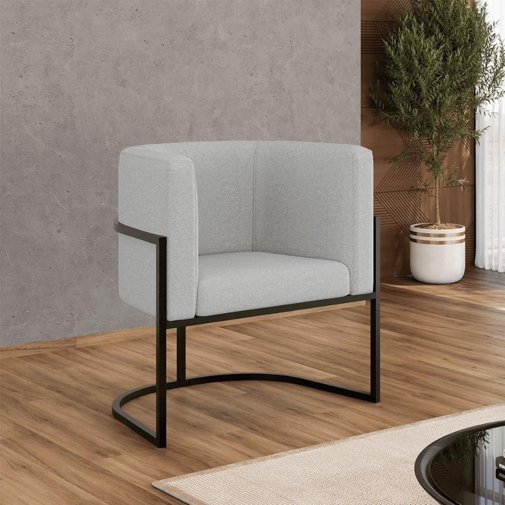 Poltrona Bouclê Decorativa Lua Recepção Base De Ferro Black Cinza