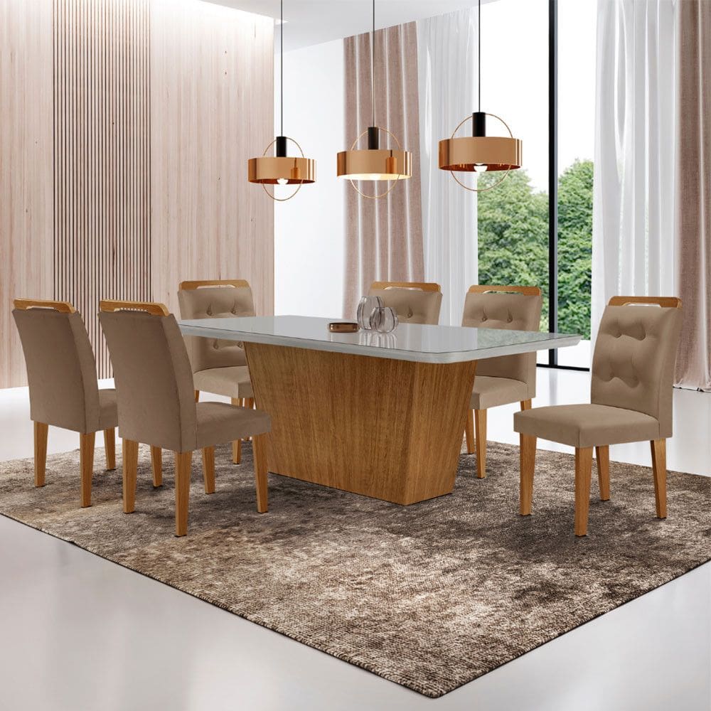 Mesa para Sala de Jantar Aida 180cm MDF Canto Copo com Vidro e 6 Cadeiras Carol Moderna Mobília