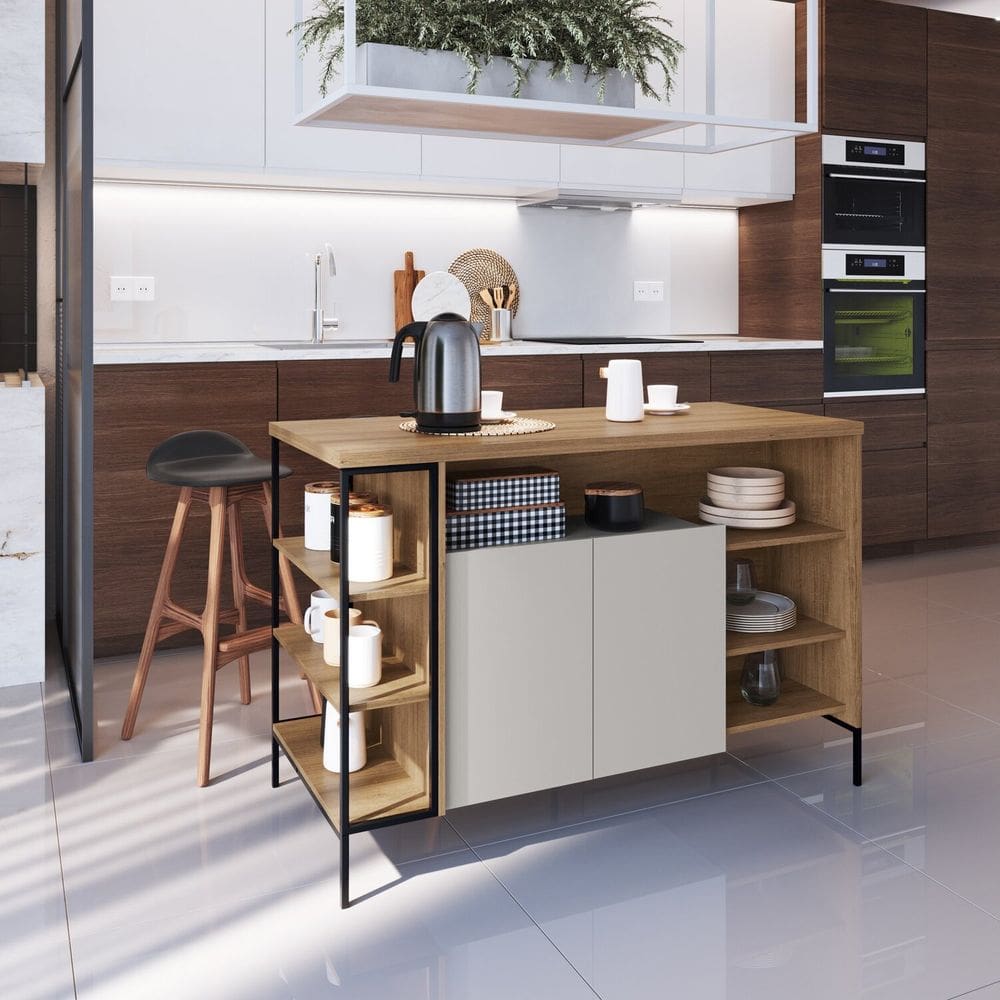Mesa Bancada Gourmet Estilo Industrial 131cm com Armario 2 Portas Preto/Mel/Arenas