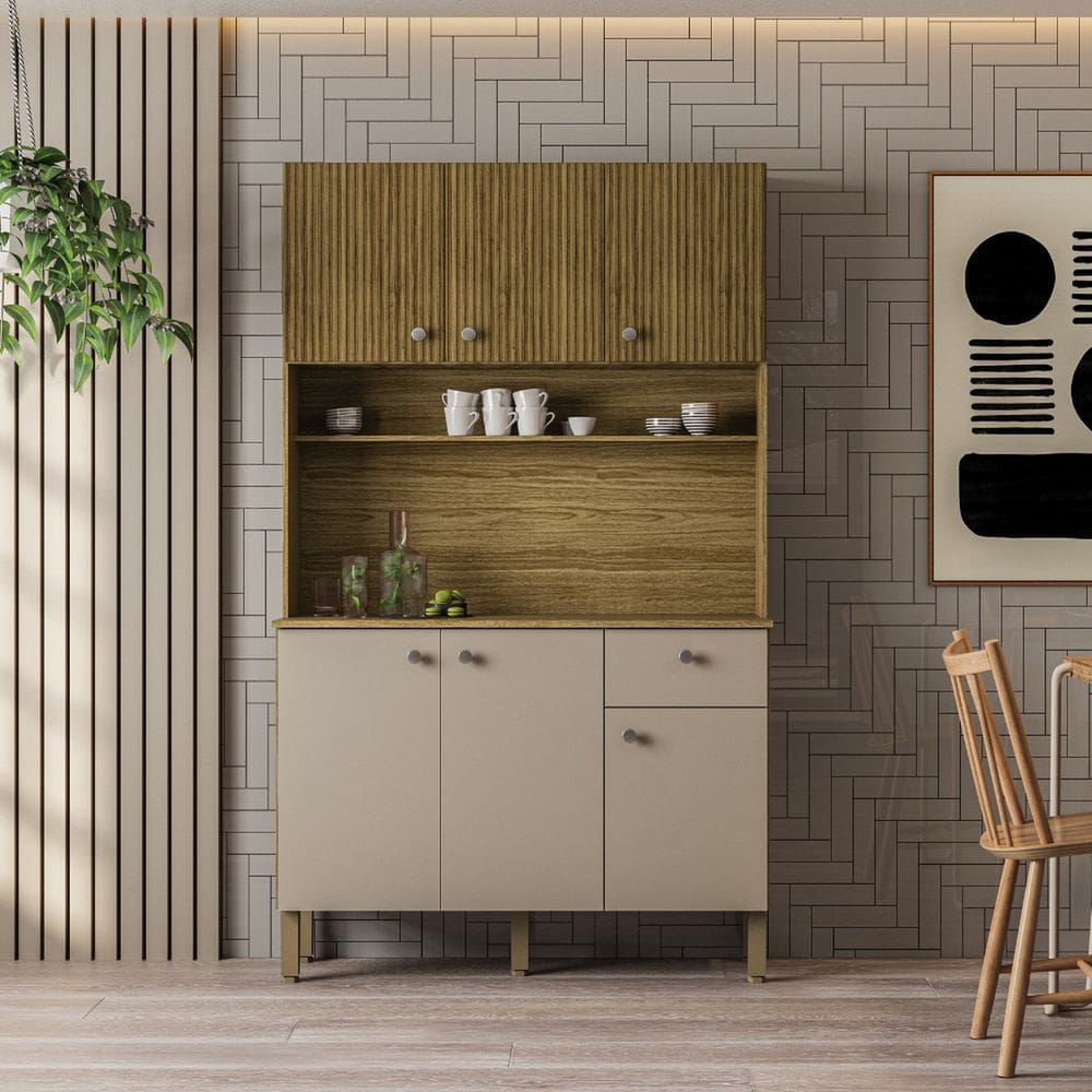 Armário de Cozinha 6 Portas 1 Gaveta - Style Freijó/Vanilla/CP-Ripado Freijó