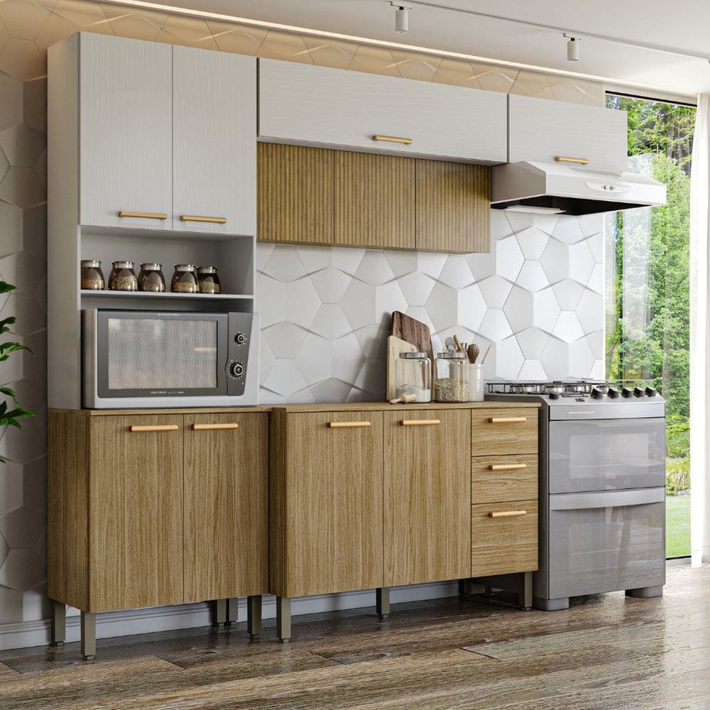 Armários para Cozinha com Balcão com Tampo Urbane Freijó/Supremo/ CP Ripado Freijó