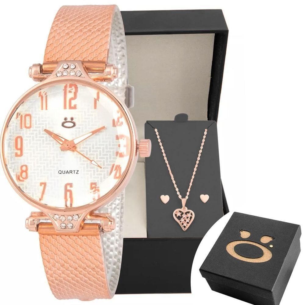 Relogio Feminino Rose Aço Colar Coração Brinco Caixa
