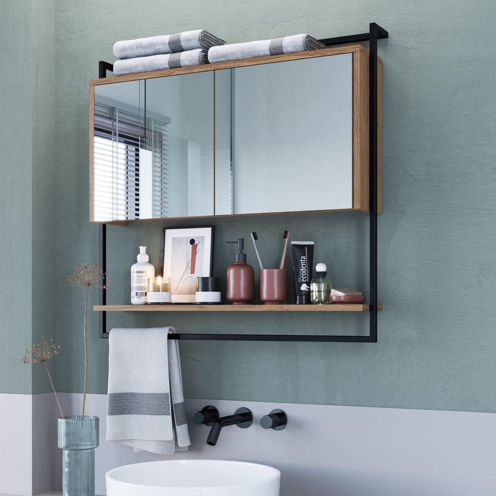 Armário Espelheira para Banheiro 80cm com 1 Prateleira Externa e Toalheiro Estilo Industrial P1043 Preto/Mel