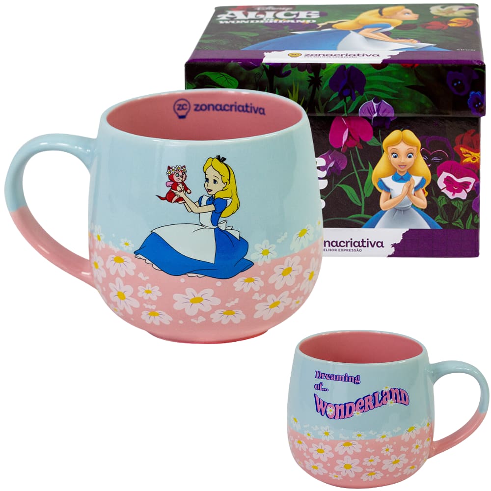 Caneca Alice No País das Maravilhas Cerâmica 400ML + Caixa Presente Oficial Disney