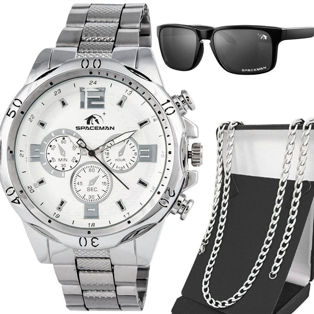 Relogio Aço Inoxidável Prata Masculino Oculos Sol Cordao