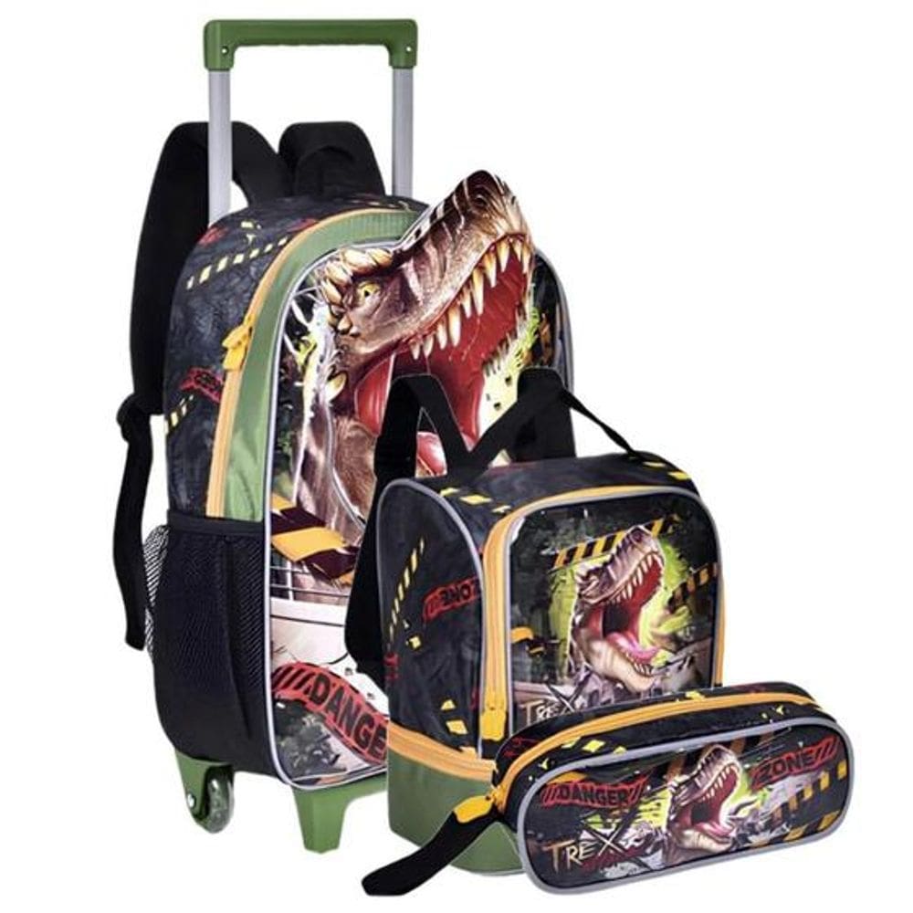 Kit Mochila de Rodinha Lancheira Estojo T-Rex Attack Clio Style TX24509K