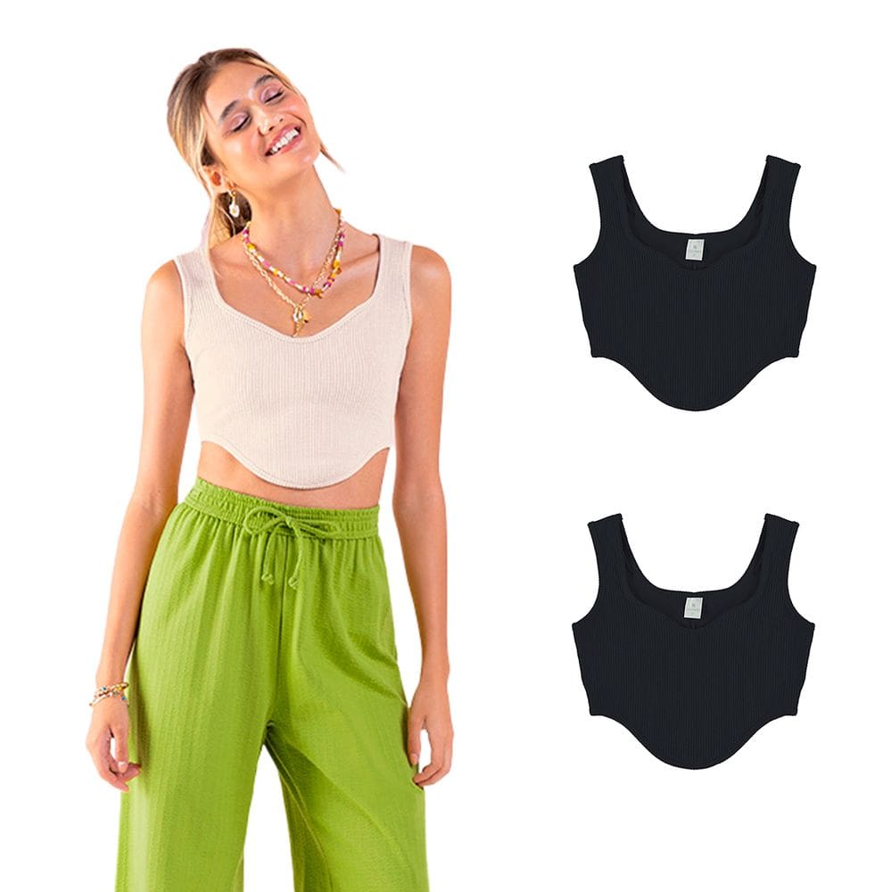 Kit 2 Regatas Feminina Malha Ondas Decote Redondo