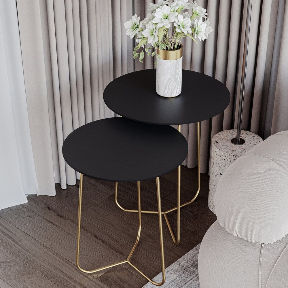 Conjunto Mesa de Canto Trude 55cm X 45cm X 45cm PRETO / DOURADO