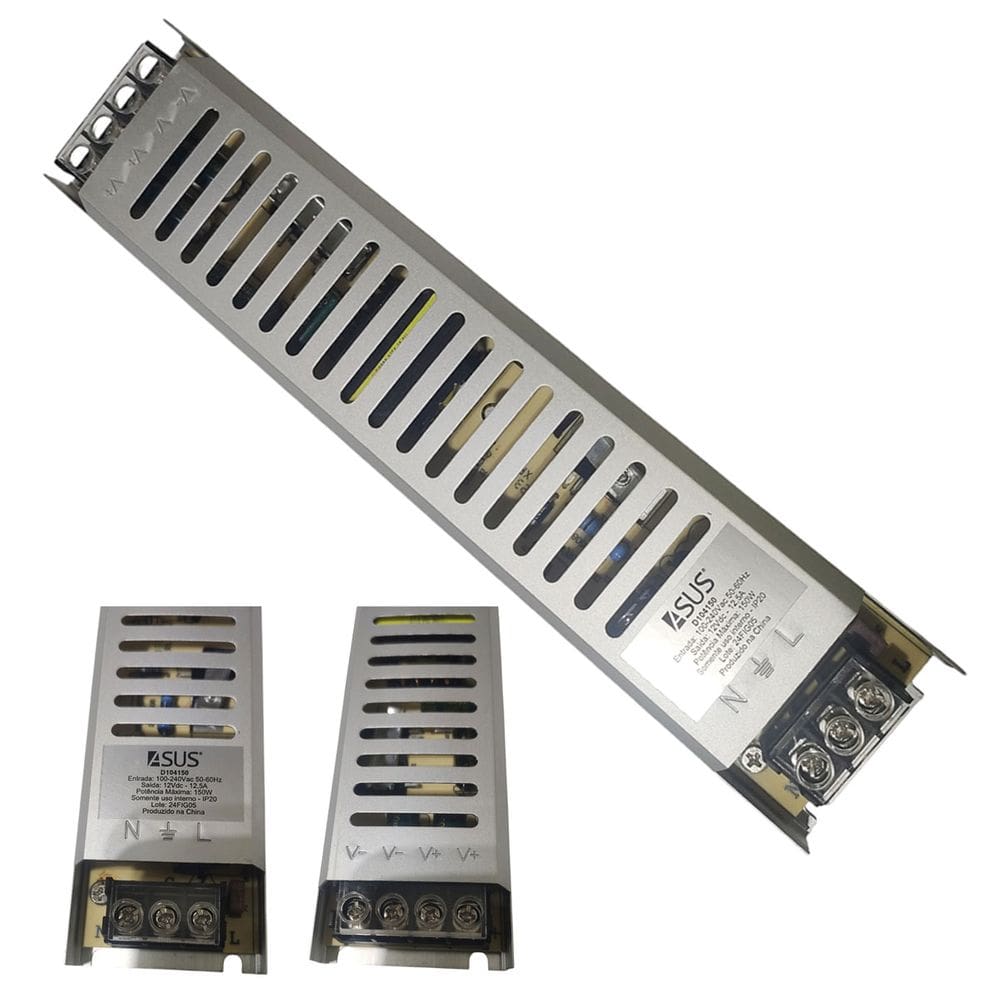 Fonte Chaveada Slim Driver 12V 12,5A Fita de Led Perfil Lustre Camera CFTV Circuito Interno Dispositivo Eletronico  Iluminaçao Multiuso Versatil