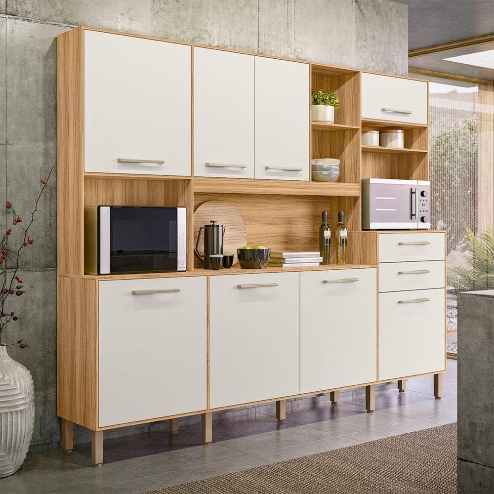Armário Para Cozinha Completo com Nicho Para Forno 240x200cm Hortelã Nicioli Freijó Off White