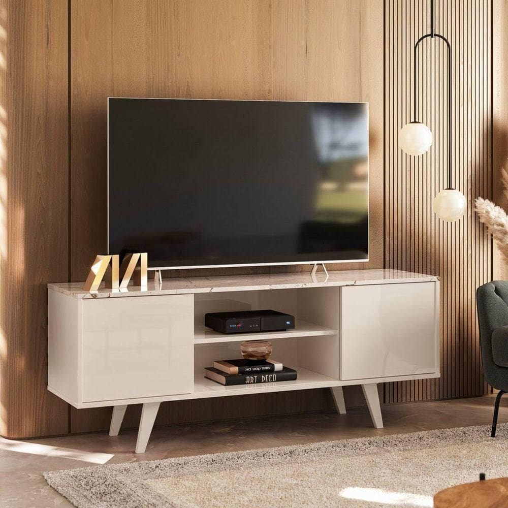 Rack Retro Para TV Até 50 Polegadas 136x54cm Lisboa Madetec Calacata Off White