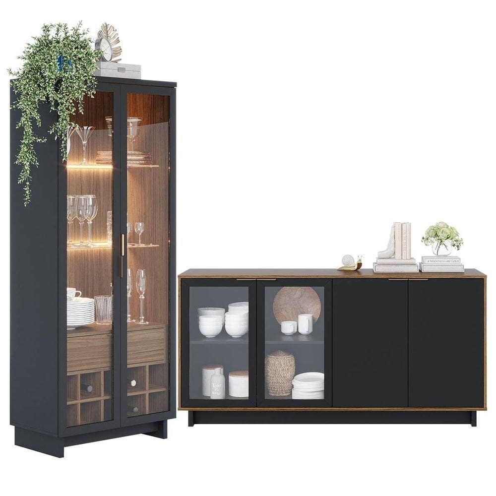 Kit com Cristaleira Led e Buffet Aparador Porta Vidro Preto Colibri
