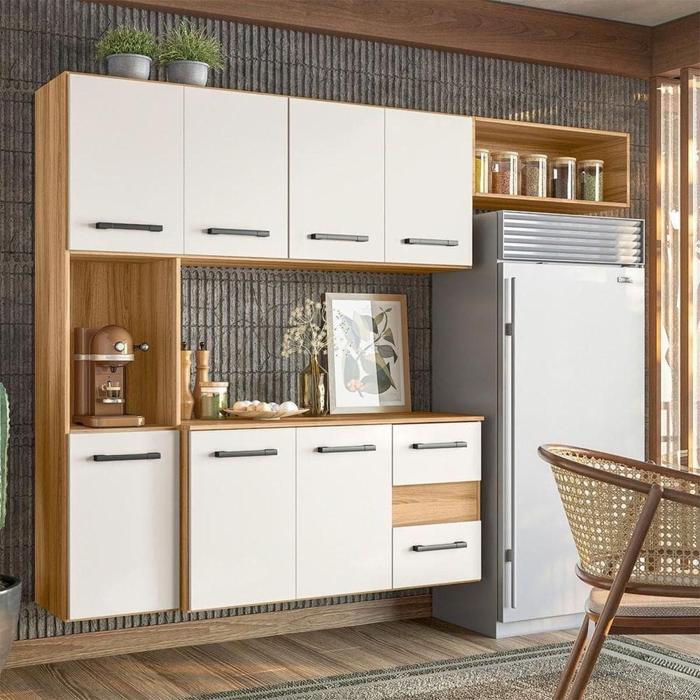 Armário Suspenso Para Cozinha com Balcão 180x136cm Juliete Nicioli Freijó Off White