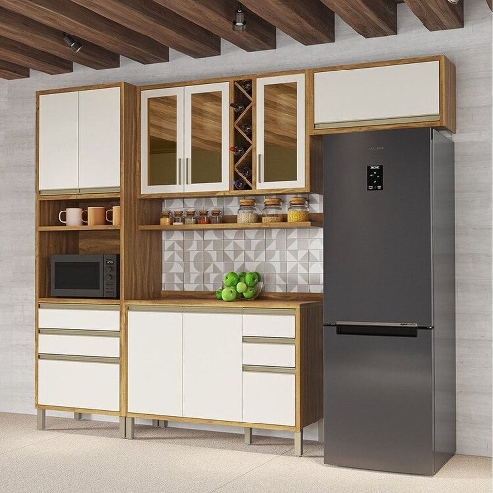 Cozinha Modulada Compacta 4 Peças 9 Portas com Vidro e Tampo 100% Mdf Barbados Espresso Móveis Amêndoa/Off White