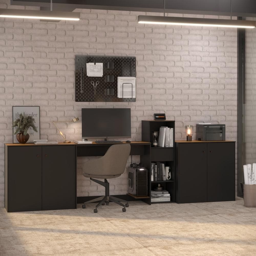 Conjunto de Escritório 4 Peças Smart Office Mesa Livreiro e 2 Aparadores Buffet