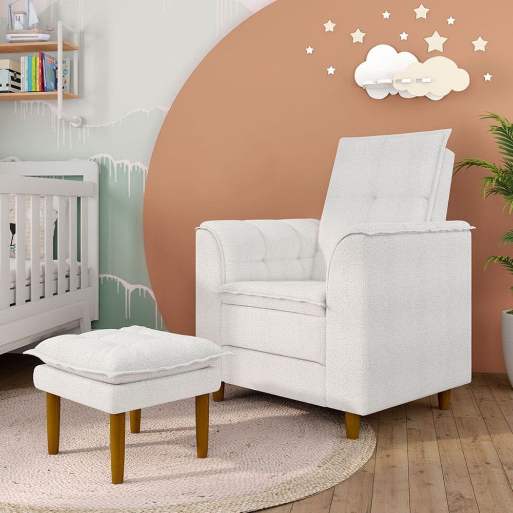 Poltrona Decorativa Amamentação Reforçada e Puff Alice Bouclê
