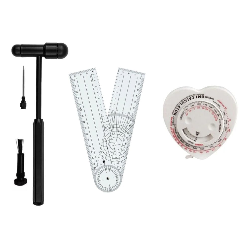 Martelo De Reflexo Modelo Buck BIC + Goniometro Grande De PVC + Trena Antropométrica Coração