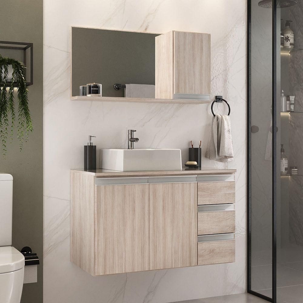 Conjunto Gabinete Banheiro Prisma 80cm Gabinete + Cuba + Espelheira Com Vidro Madeirado Inteiro