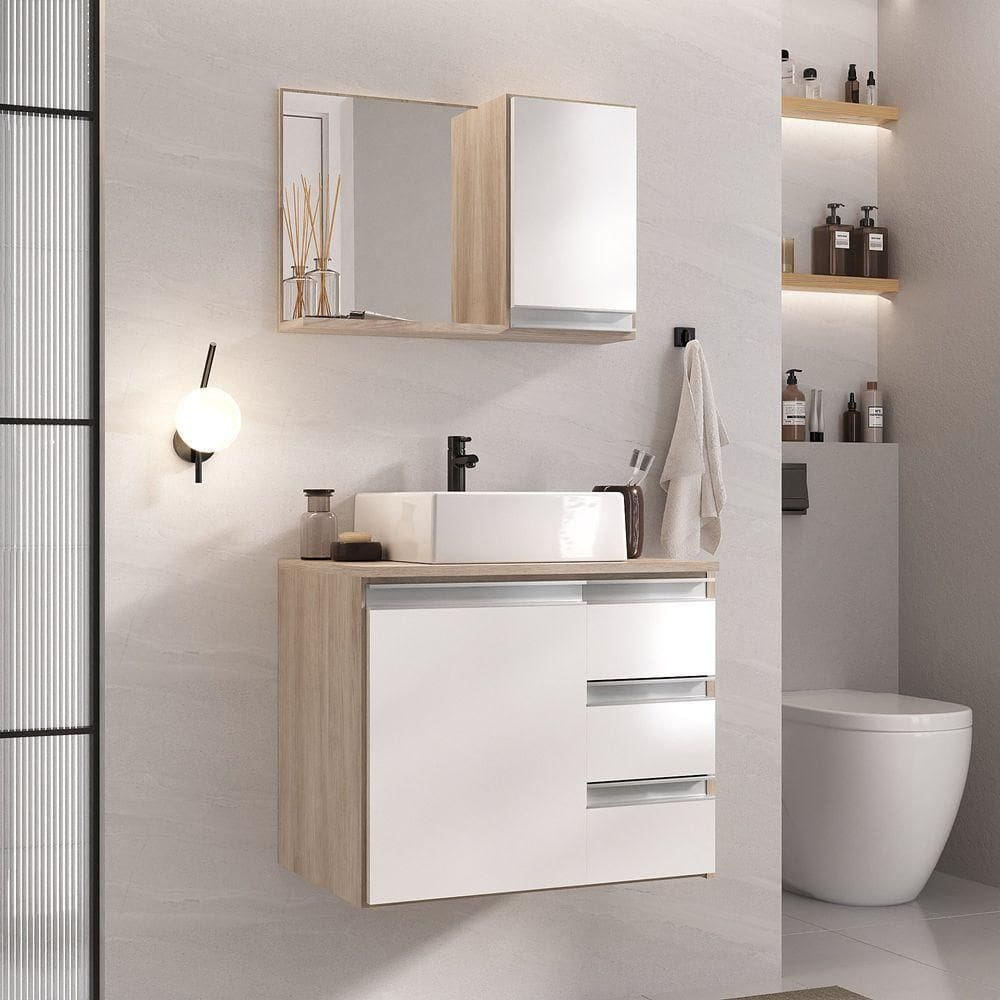 Conjunto Gabinete Banheiro Prisma 60cm Gabinete + Cuba + Espelheira Madeirado Branco