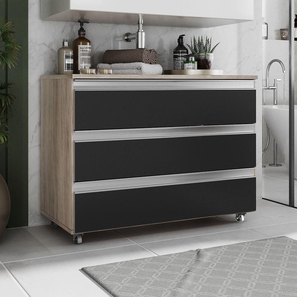 Gabinete Banheiro Rodinhas Joia 80cm 03 Gavetas Madeirado Preto