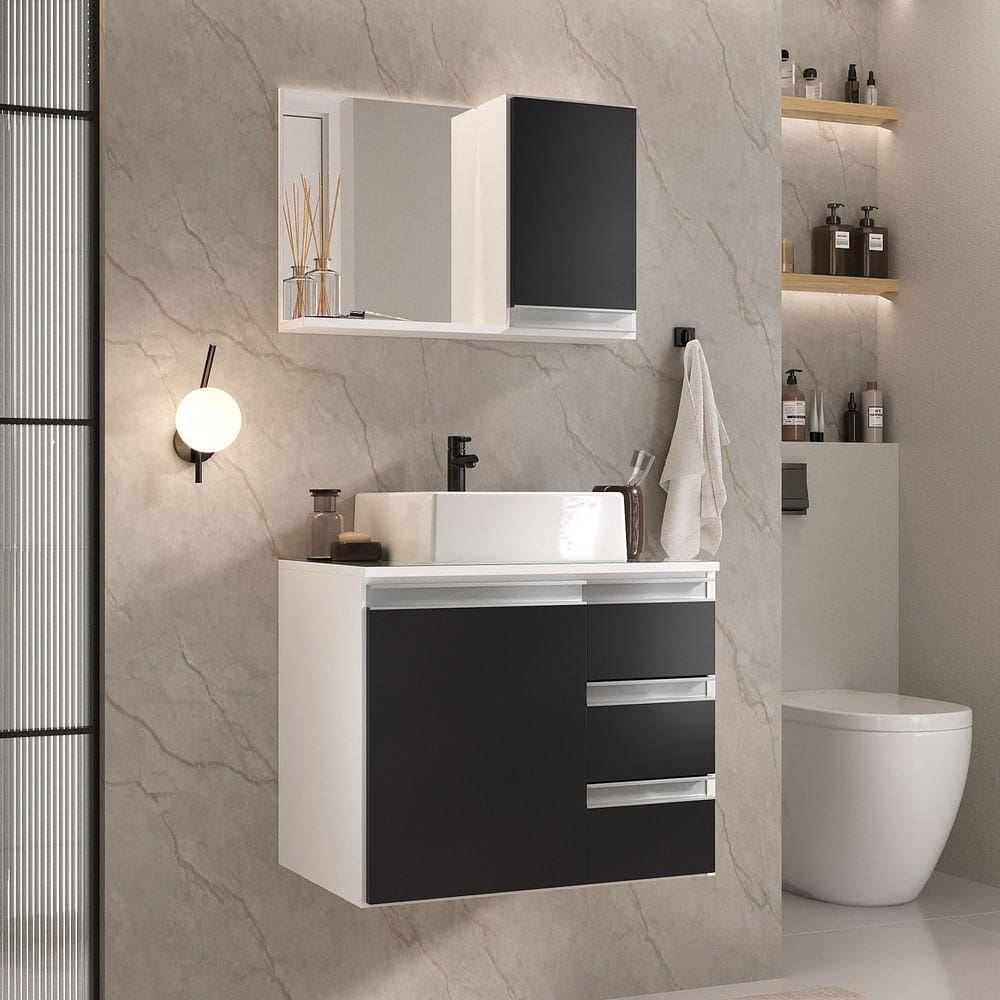 Conjunto Gabinete Banheiro Prisma 60cm Gabinete + Cuba + Espelheira Com Vidro Branco Preto