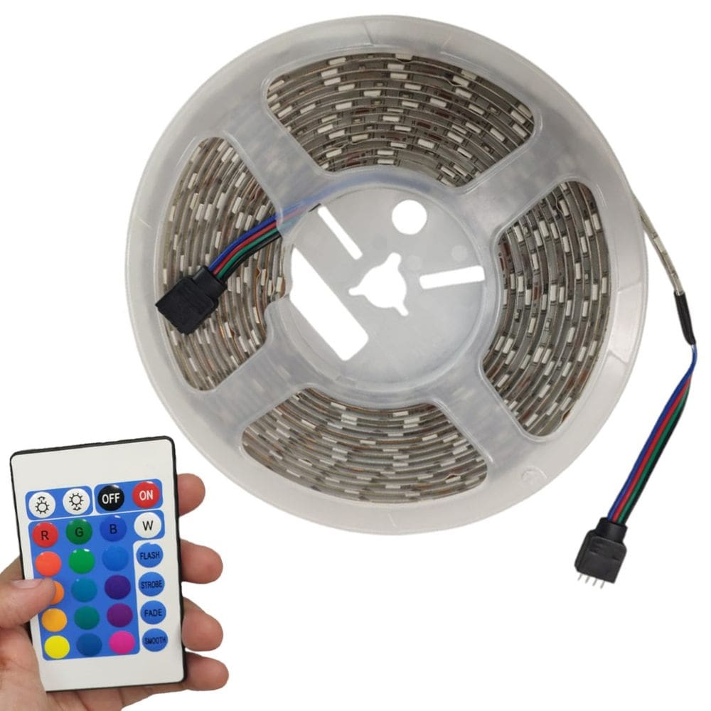 Fita Led RGB 5 Metros SMD 5050 Controle Fonte Dupla Face Iluminaçao Quarto Sala Decoraçao Mesa Teto Sanca Gesso Espelho Ambiente