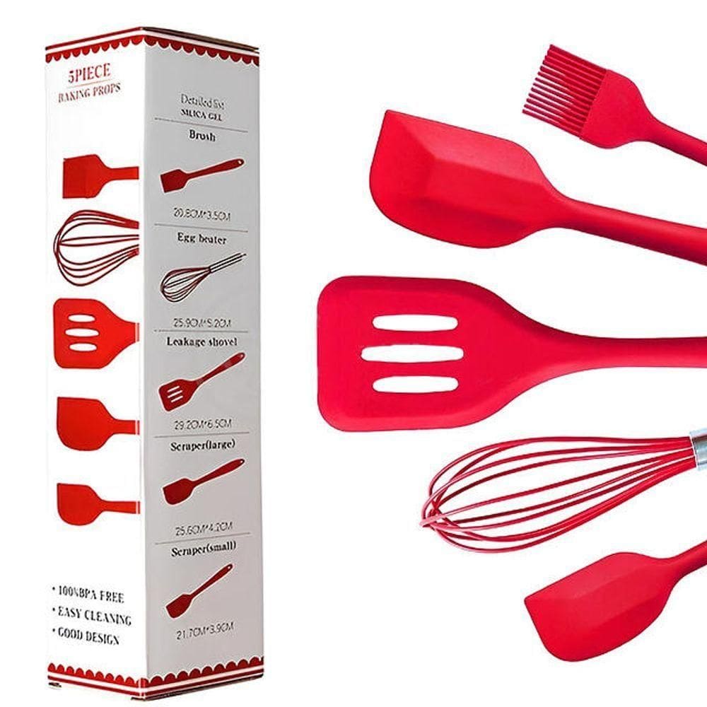 Kit 5 Peças Jogo De Cozinha De Silicone Resistente A Altas Temperaturas Conjunto De Utensílios Vermelho