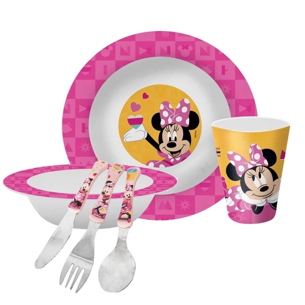 Kit Refeição Infantil Minnie Disney 6 Peças Prato, Tigela, Copo e Talheres - Tuut