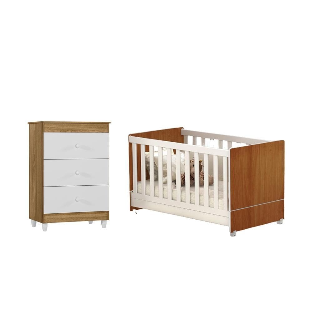 Quarto Infantil Berço Americano Encanto, Cômoda Ternura 3 Gavetas Nature/Branco - FbABY