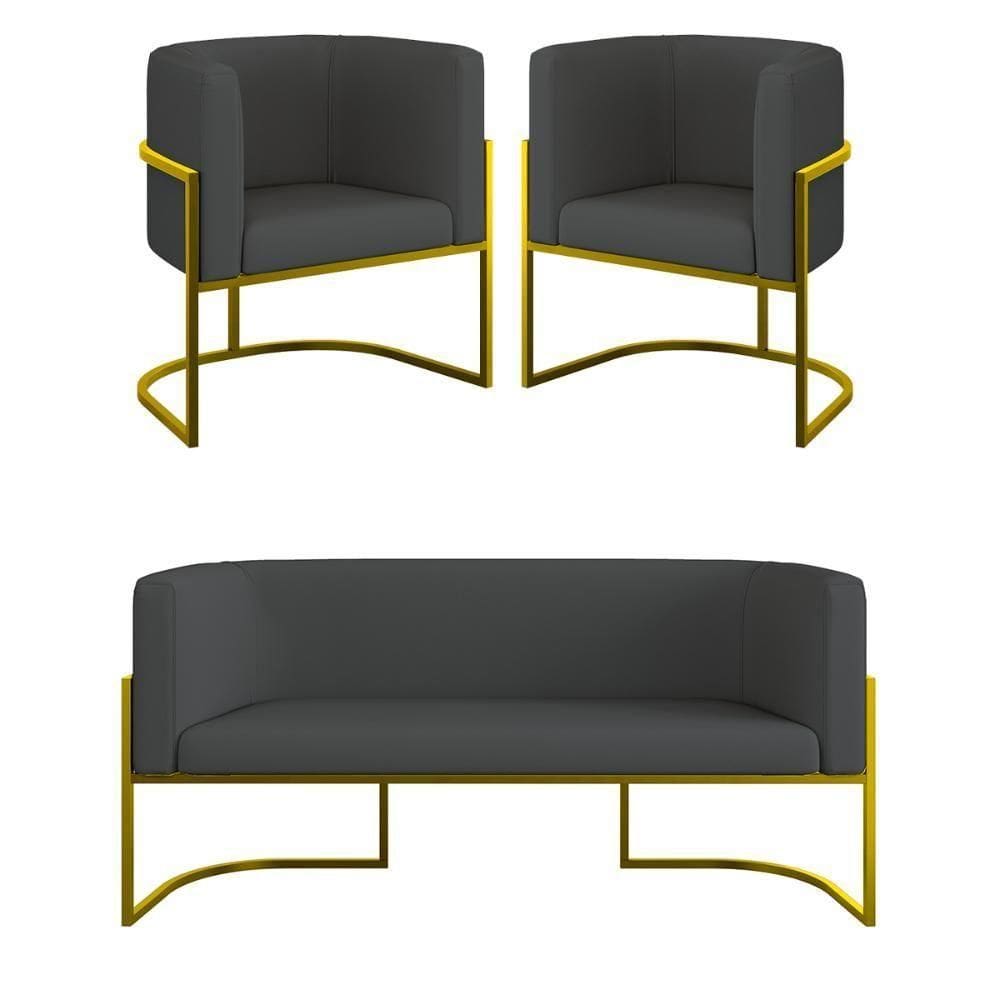 Kit Sofá 2 Lugares + 2 Poltronas Corino Gold Cinza