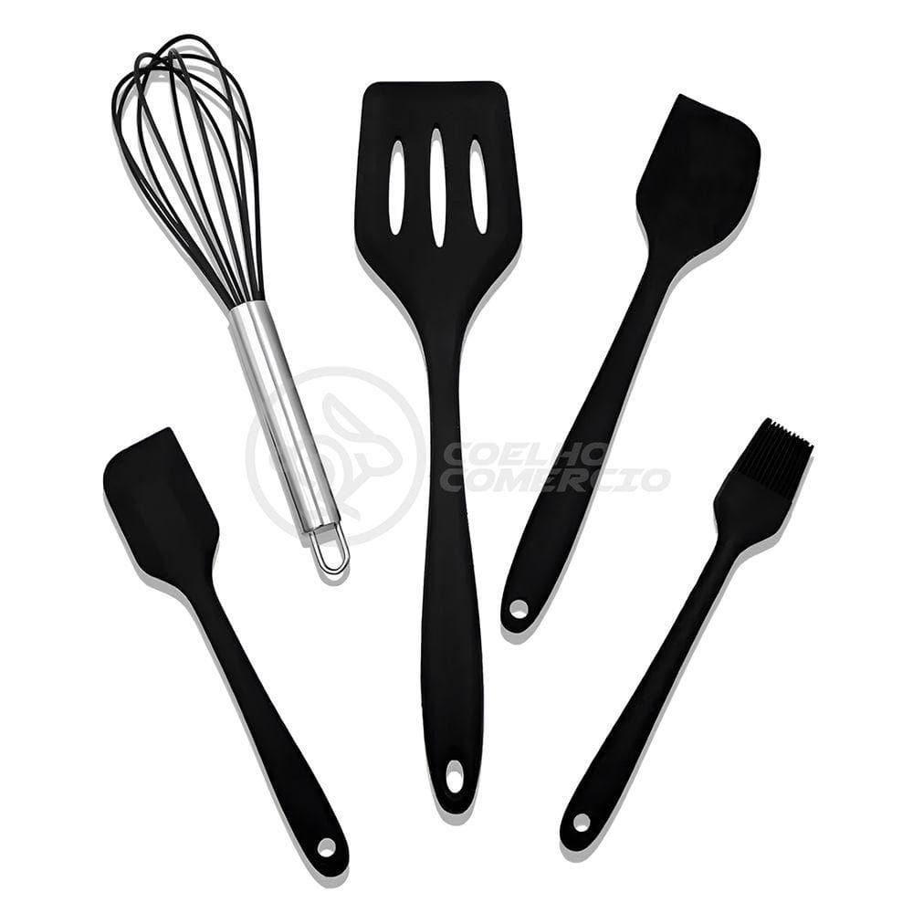 Kit 5 Peças Jogo De Cozinha De Silicone Resistente A Altas Temperaturas Conjunto De Utensílios Preto