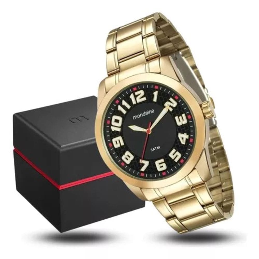 Relógio Mondaine Masculino Casual Analógico Dourado com Mostrador Preto - 99130GPMVDE3