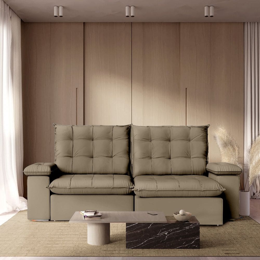 Sofá Retrátil Reclinável 230 Cm Luxor Veludo Bege