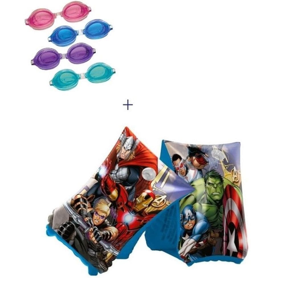 Boia de Braço Inflável Infantil Vingadores Marvel 23x14cm Criança Piscina Praia + Óculos Natação Mor