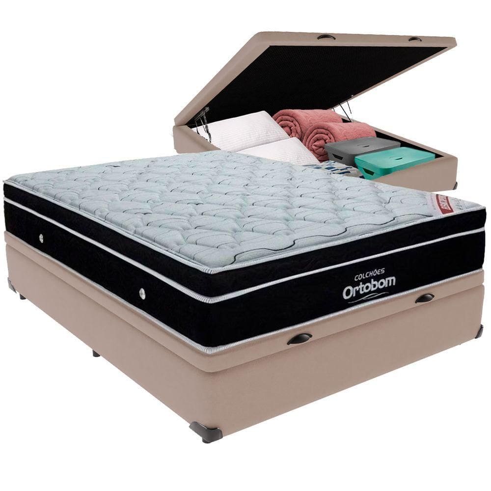 Cama Box Baú Bege E Colchão Elegant Molas Ensacadas Casal Ortobom