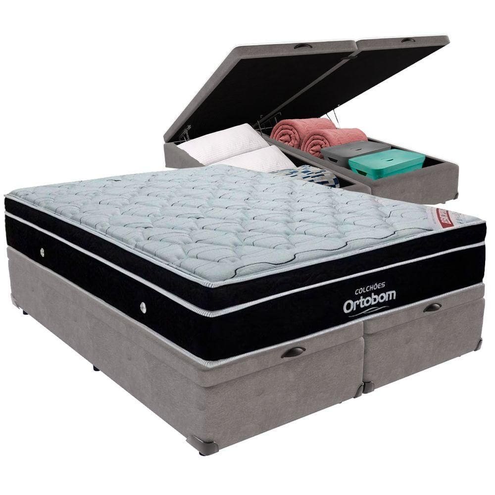 Cama Box Baú Cinza E Colchão Elegant Molas Ensacadas King Ortobom