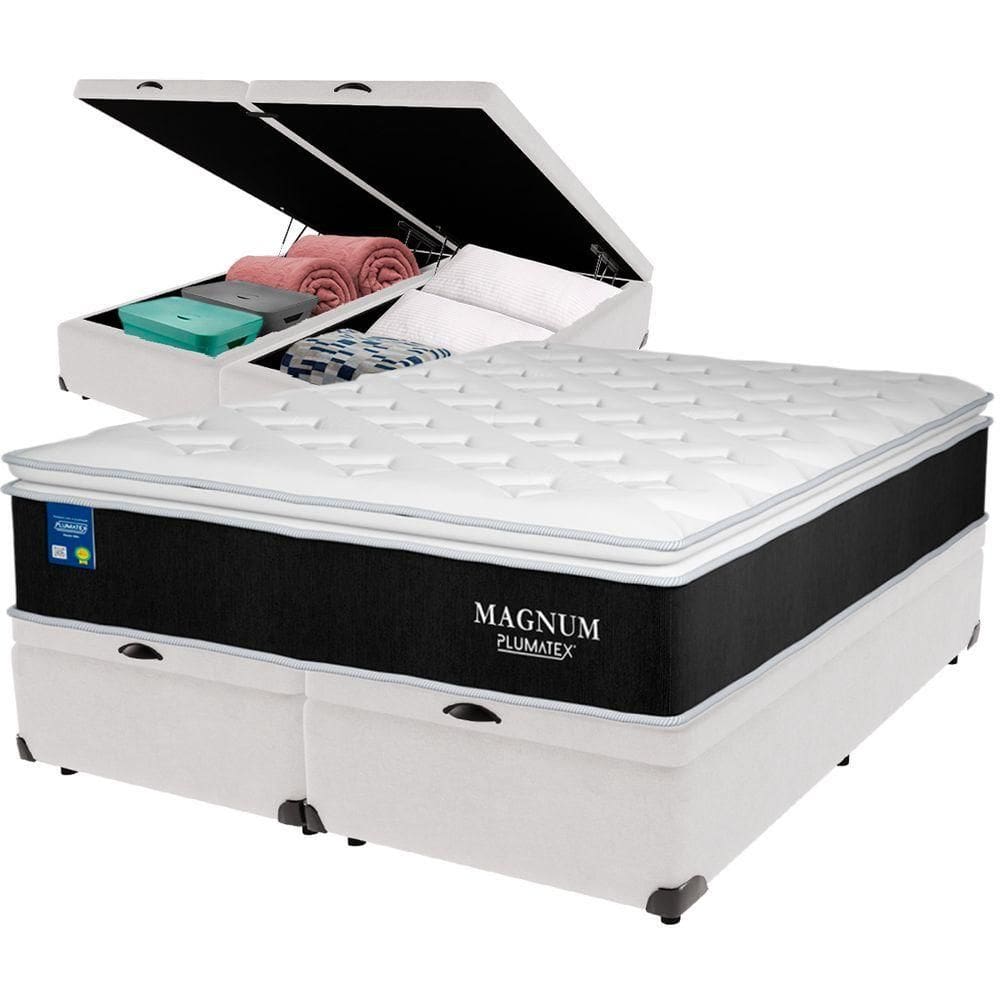 Cama Box Baú Branco E Colchão Magnum Molas Ensacadas Queen Plumatex