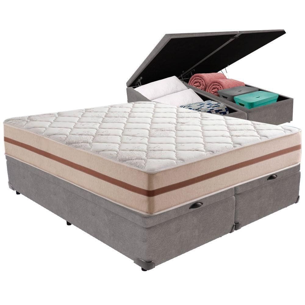 Cama Box Baú Cinza E Colchão Classic 22 Cm Molas Ensacadas Queen Anjos