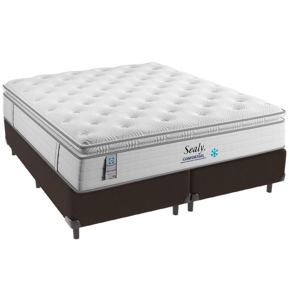 Cama Box Marrom E Colchão Confort Gel Molas Ensacadas Com Pillow Top Queen Sealy
